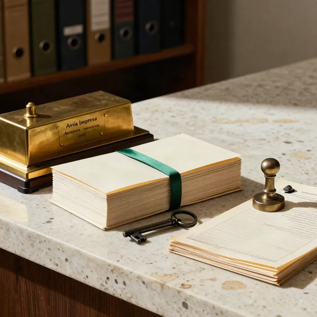 Set notarile con fascicolo a soffietto, timbro, chiave d’archivio e sigillo su travertino.