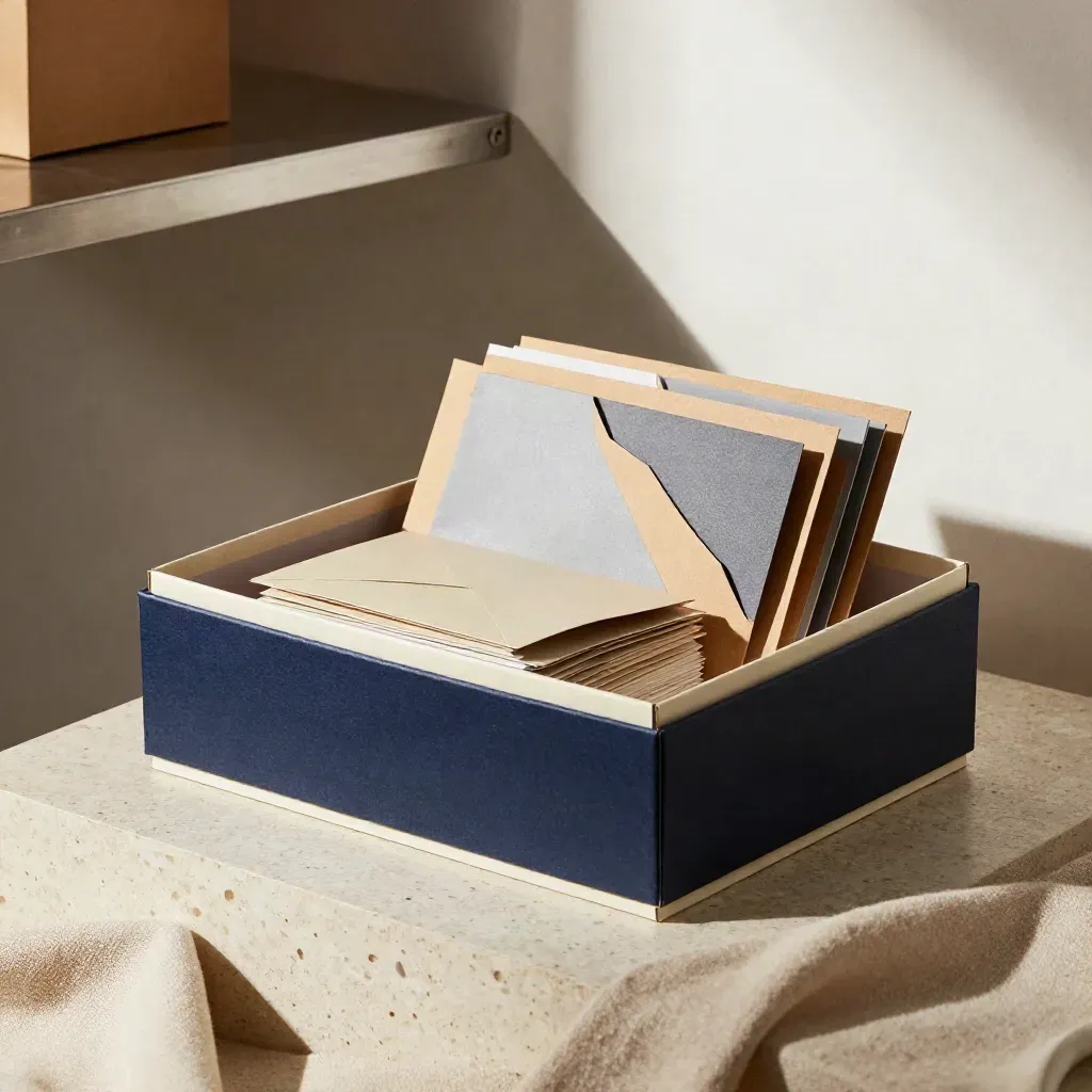 Kit packaging premium con scatole prototipo, nastro in lino e campioni neutri su travertino.