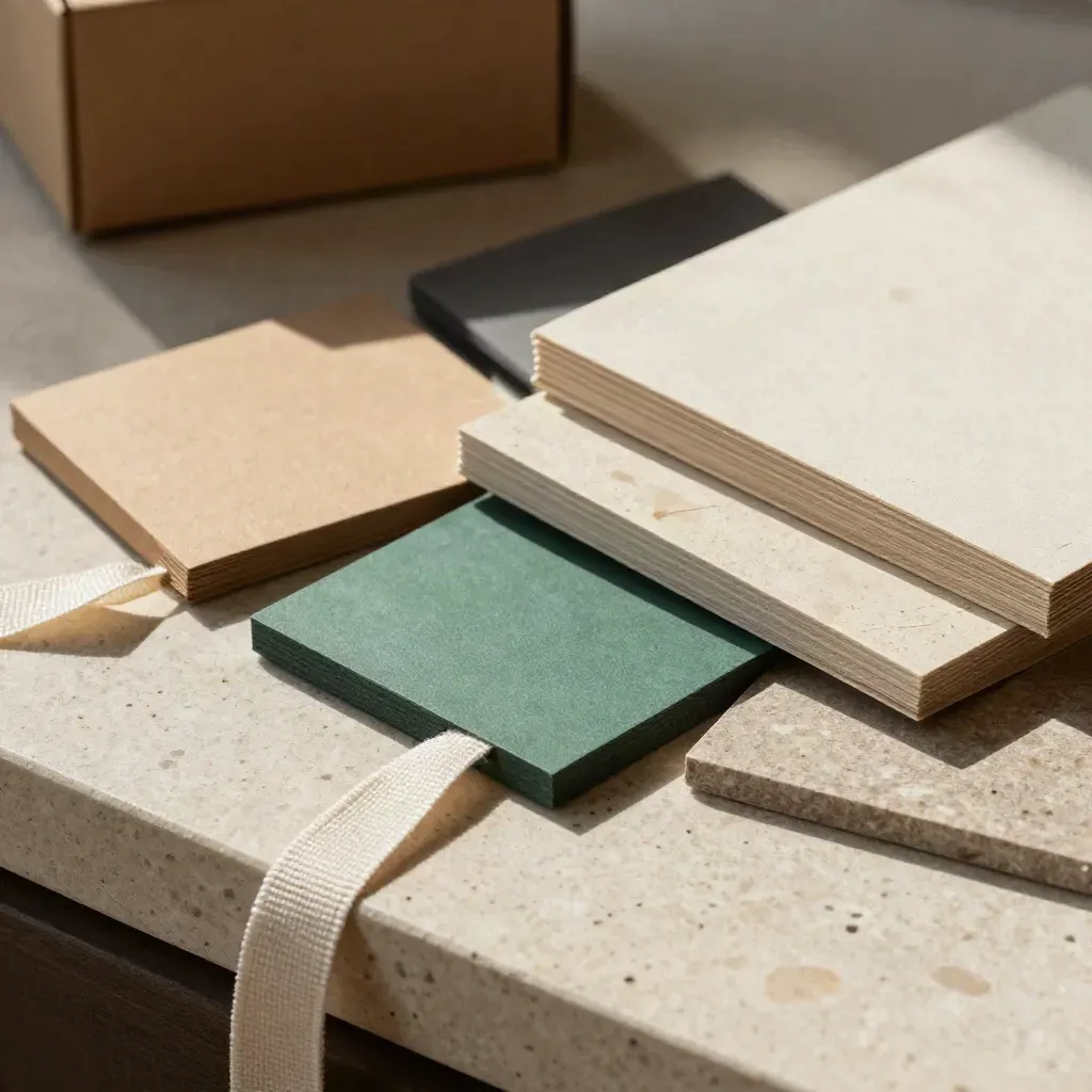 Campioni di packaging, nastri di lino e scatoline mockup in luce radente.