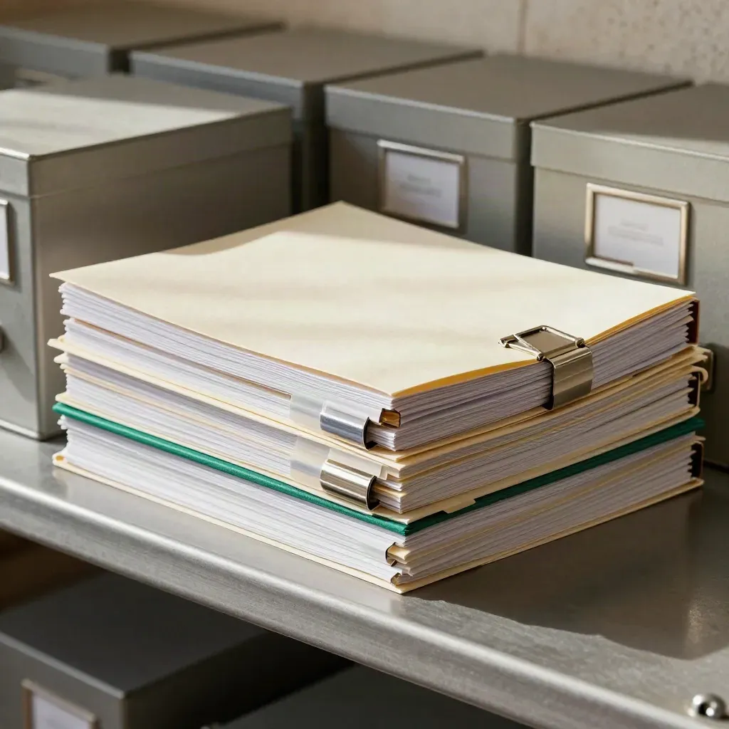 Dossier di business plan finito, cartella archivio ordinata e fermagli metallici su scaffale in metallo.