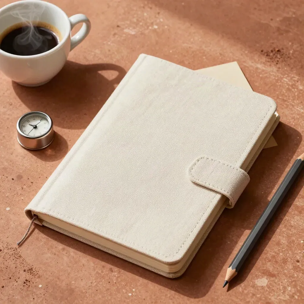 Flatlay dall'alto con taccuino, timer in vetro, tazzina e matita su superficie terracotta.