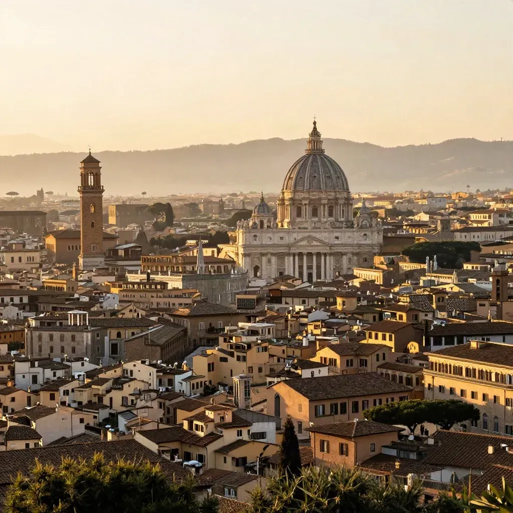 Veduta di Roma al tramonto con tetti in terracotta, travertino e pini parasole.