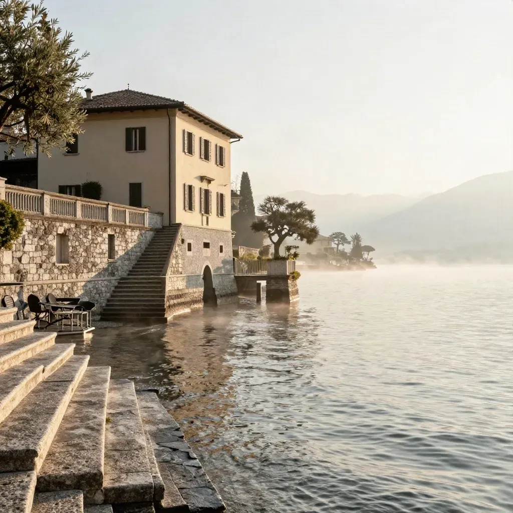 Villa in pietra sul Lago di Como all’alba con acqua calma e molo alto.