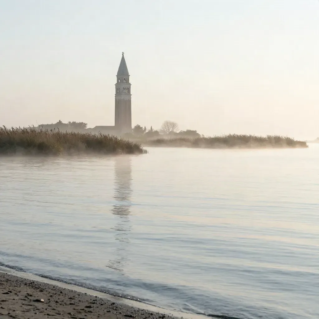 Laguna veneta all’alba con campanile alto e acqua lattiginosa