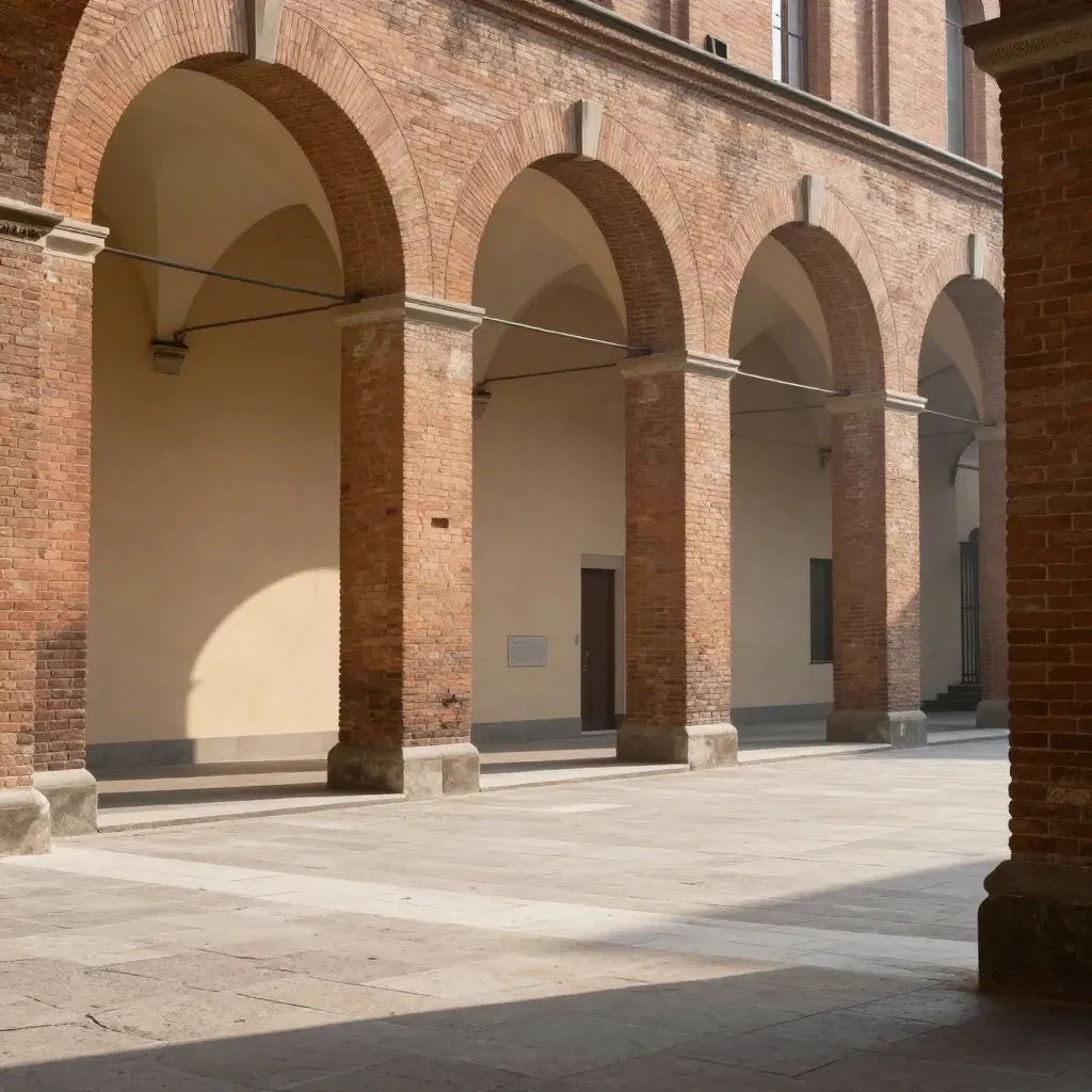 Portici di Bologna in mattone caldo con arcate vuote e pavimento chiaro